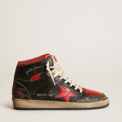 Golden Goose Sky-Star In Glossy Black Leather With Red Star Golden Goose Sky-Star In Glossy Black Leather With Red Star