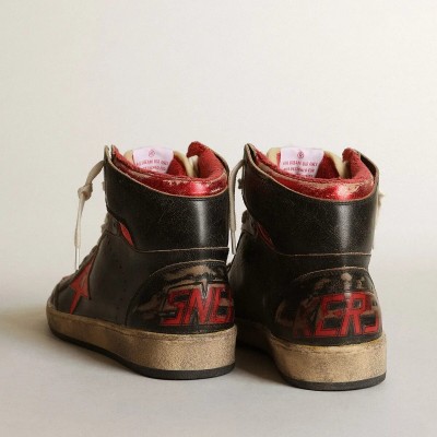 Golden Goose Sky-Star In Glossy Black Leather With Red Star Golden Goose Sky-Star In Glossy Black Leather With Red Star