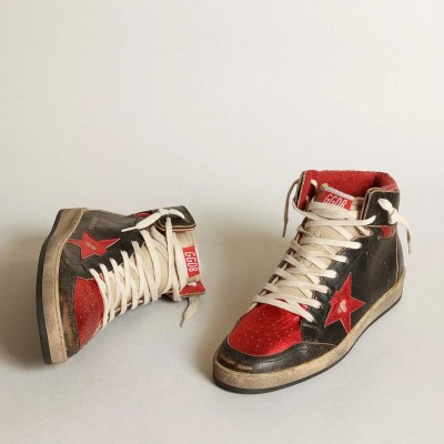 Golden Goose Sky-Star In Glossy Black Leather With Red Star Golden Goose Sky-Star In Glossy Black Leather With Red Star