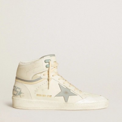Golden Goose Sky-Star In Leather With Light Blue Leather Star And White Heel Tab Golden Goose Sky-Star In Leather With Light Blue Leather Star And White Heel Tab