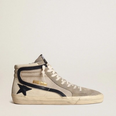 Golden Goose Slide In Beige Mesh And Nylon With Blue Leather Star And Flash Golden Goose Slide In Beige Mesh And Nylon With Blue Leather Star And Flash