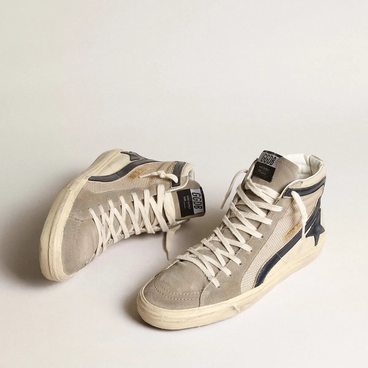 Golden Goose Slide In Beige Mesh And Nylon With Blue Leather Star And Flash Golden Goose Slide In Beige Mesh And Nylon With Blue Leather Star And Flash