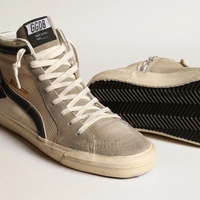 Golden Goose Slide In Beige Mesh And Nylon With Blue Leather Star And Flash Golden Goose Slide In Beige Mesh And Nylon With Blue Leather Star And Flash