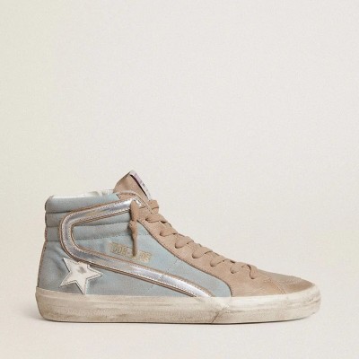 Golden Goose Slide In Light Blue Canvas With Silver Metallic Leather Flash Golden Goose Slide In Light Blue Canvas With Silver Metallic Leather Flash
