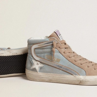 Golden Goose Slide In Light Blue Canvas With Silver Metallic Leather Flash Golden Goose Slide In Light Blue Canvas With Silver Metallic Leather Flash
