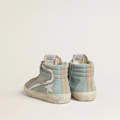 Golden Goose Slide In Light Blue Canvas With Silver Metallic Leather Flash Golden Goose Slide In Light Blue Canvas With Silver Metallic Leather Flash