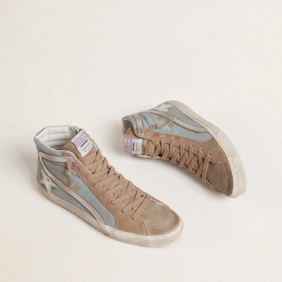 Golden Goose Slide In Light Blue Canvas With Silver Metallic Leather Flash Golden Goose Slide In Light Blue Canvas With Silver Metallic Leather Flash