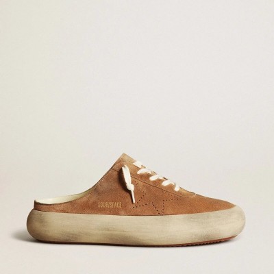 Golden Goose Space-Star Sabots In Tobacco Suede With Perforated Star Golden Goose Space-Star Sabots In Tobacco Suede With Perforated Star