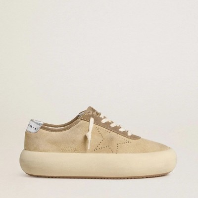 Golden Goose Space-Star In Beige Suede With Perforated Star And Metallic Silver Heel Tab Golden Goose Space-Star In Beige Suede With Perforated Star And Metallic Silver Heel Tab