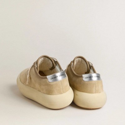 Golden Goose Space-Star In Beige Suede With Perforated Star And Metallic Silver Heel Tab Golden Goose Space-Star In Beige Suede With Perforated Star And Metallic Silver Heel Tab