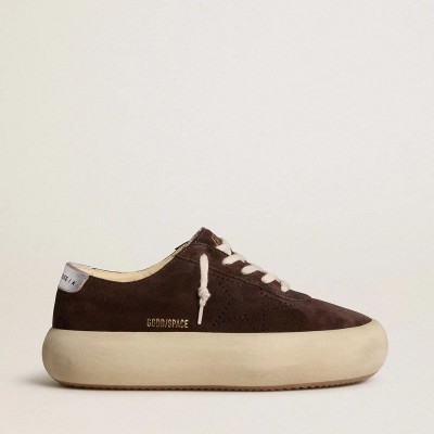 Golden Goose Space-Star In Dark Brown Suede With Metallic Silver Heel Tab Golden Goose Space-Star In Dark Brown Suede With Metallic Silver Heel Tab