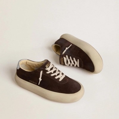 Golden Goose Space-Star In Dark Brown Suede With Metallic Silver Heel Tab Golden Goose Space-Star In Dark Brown Suede With Metallic Silver Heel Tab