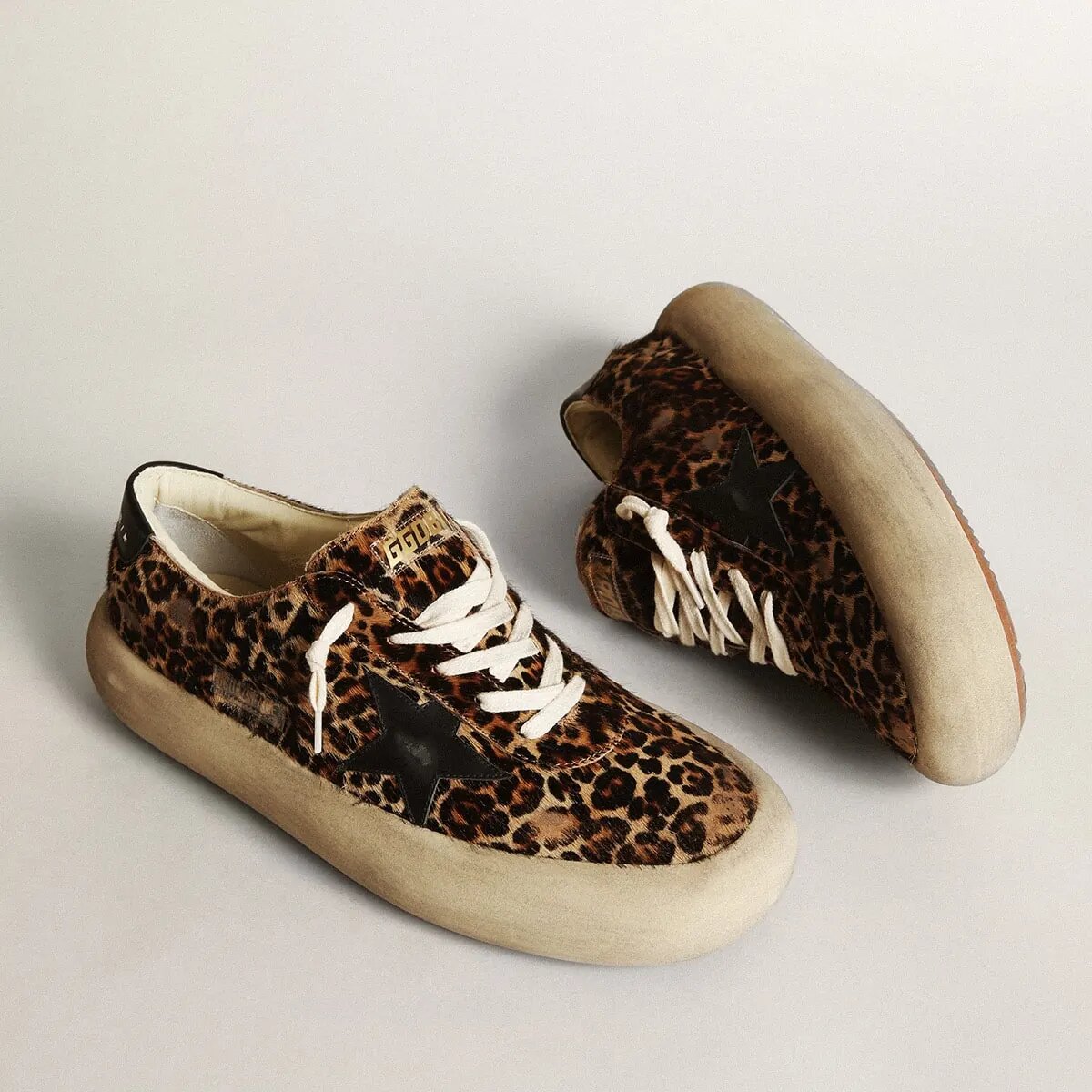 Golden Goose Space-Star In Leopard Print Pony Skin With Black Star And Heel Golden Goose Space-Star In Leopard Print Pony Skin With Black Star And Heel