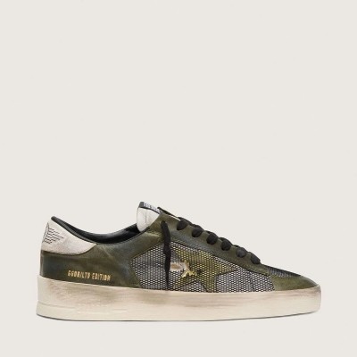 Golden Goose Stardan Ltd In White And Olive-Green Leather With Black Mesh And Yellow Leather Star Golden Goose Stardan Ltd In White And Olive-Green Leather With Black Mesh And Yellow Leather Star