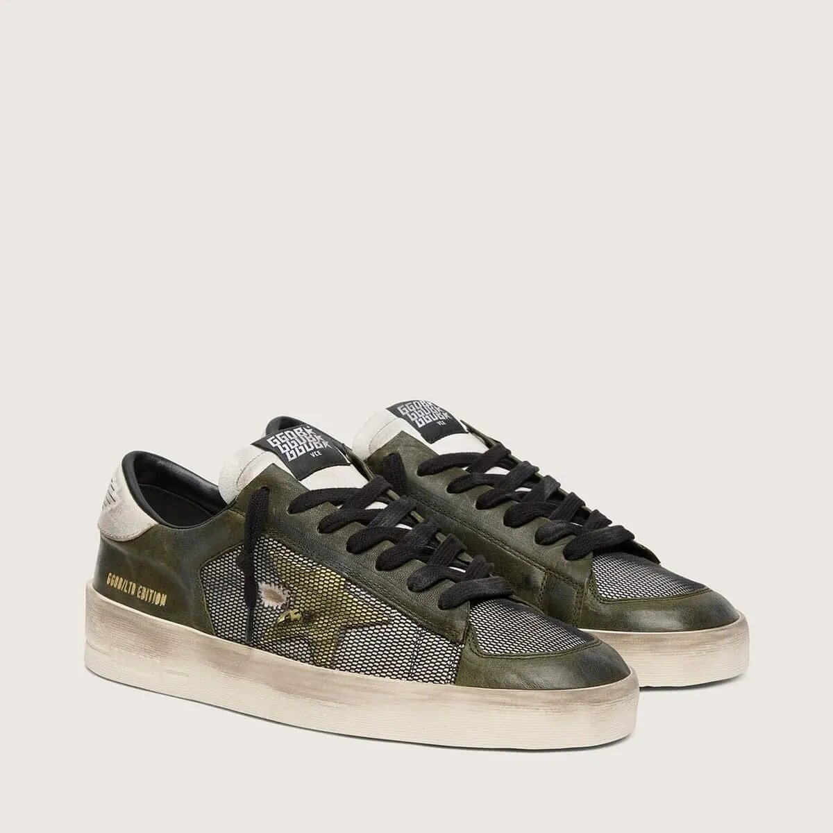 Golden Goose Stardan Ltd In White And Olive-Green Leather With Black Mesh And Yellow Leather Star Golden Goose Stardan Ltd In White And Olive-Green Leather With Black Mesh And Yellow Leather Star