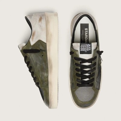 Golden Goose Stardan Ltd In White And Olive-Green Leather With Black Mesh And Yellow Leather Star Golden Goose Stardan Ltd In White And Olive-Green Leather With Black Mesh And Yellow Leather Star