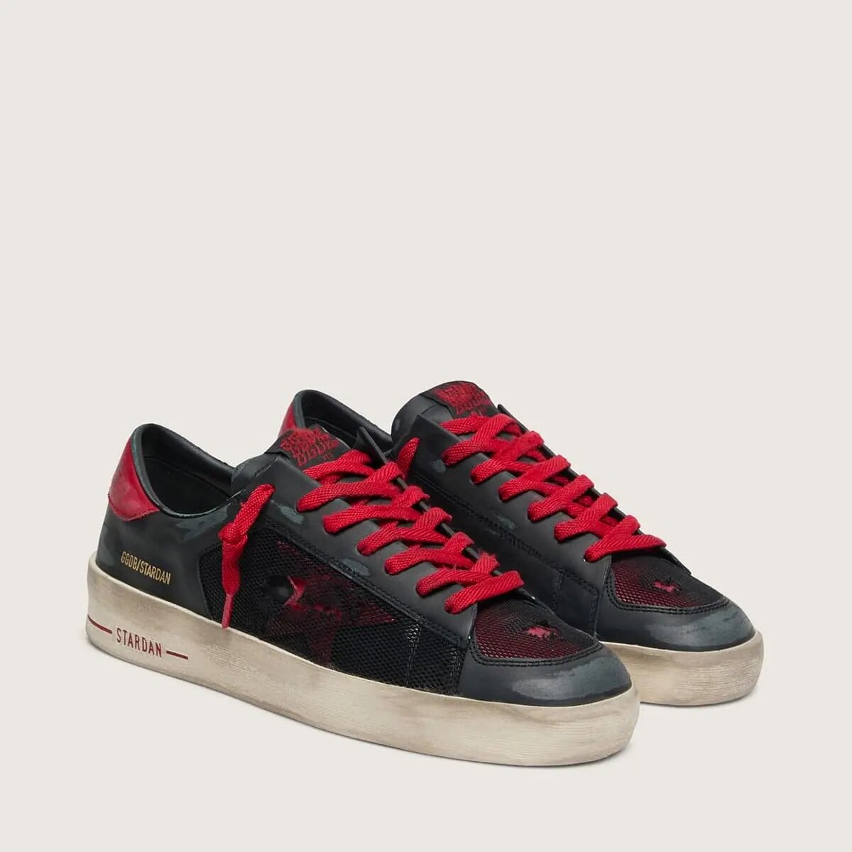 Golden Goose Stardan In Black Leather With Red Star And Black Mesh And Red Leather Inserts Golden Goose Stardan In Black Leather With Red Star And Black Mesh And Red Leather Inserts