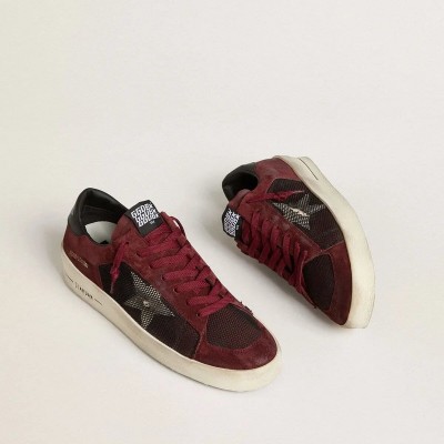 Golden Goose Stardan In Black Mesh And Burgundy Suede With White Leather Star Golden Goose Stardan In Black Mesh And Burgundy Suede With White Leather Star