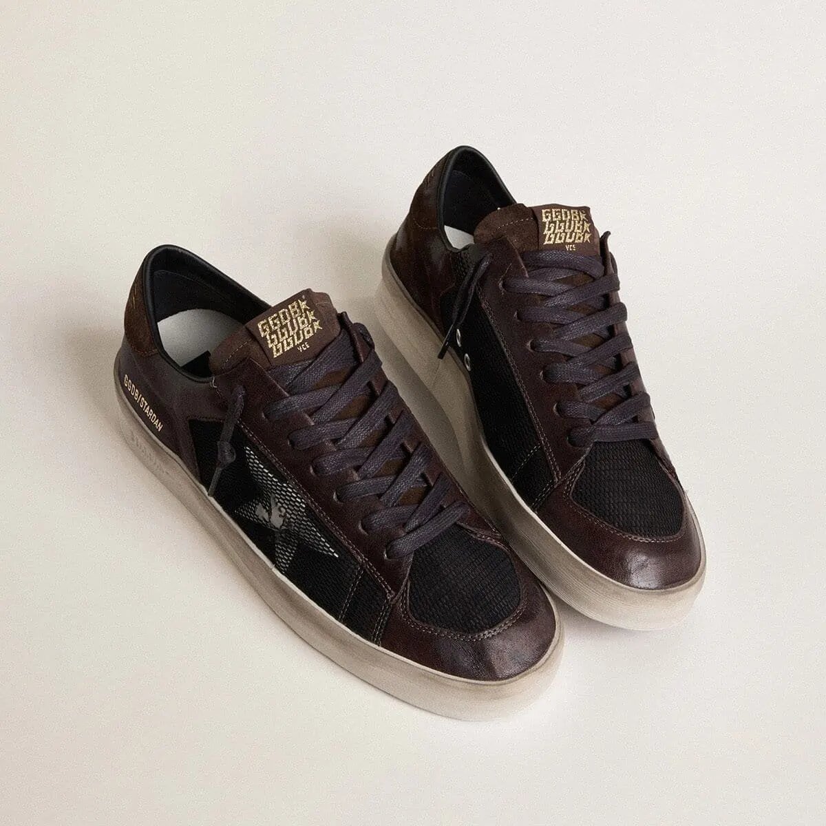 Golden Goose Stardan In Brown Suede And Black Mesh With White Leather Star And Nappa Leather Inserts Golden Goose Stardan In Brown Suede And Black Mesh With White Leather Star And Nappa Leather Inserts