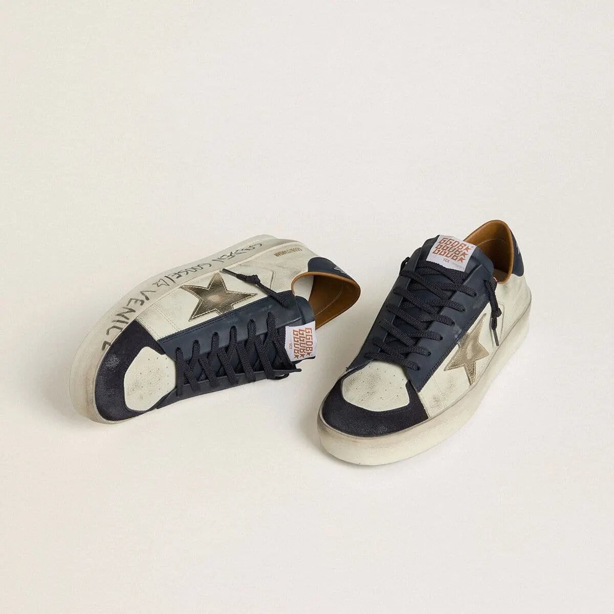 Golden Goose Stardan In Nubuck With Metallic Leather Star And Blue Nappa Heel Tab Golden Goose Stardan In Nubuck With Metallic Leather Star And Blue Nappa Heel Tab