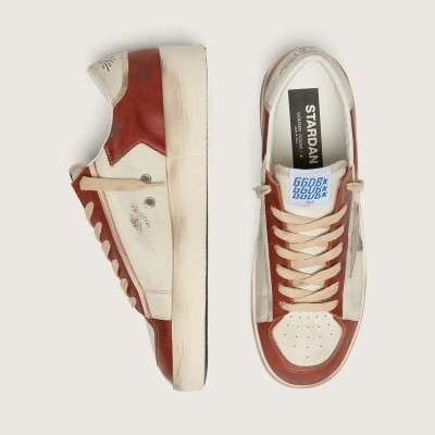 Golden Goose Stardan In White And Brick-Red Leather With Olive-Green Laminated Leather Star Golden Goose Stardan In White And Brick-Red Leather With Olive-Green Laminated Leather Star