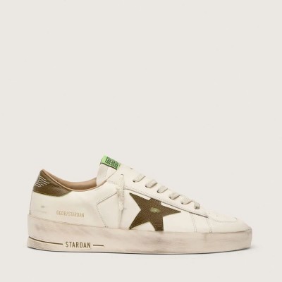 Golden Goose Stardan In White Leather With Military-Green Snake-Print Leather Star And Heel Tab Golden Goose Stardan In White Leather With Military-Green Snake-Print Leather Star And Heel Tab