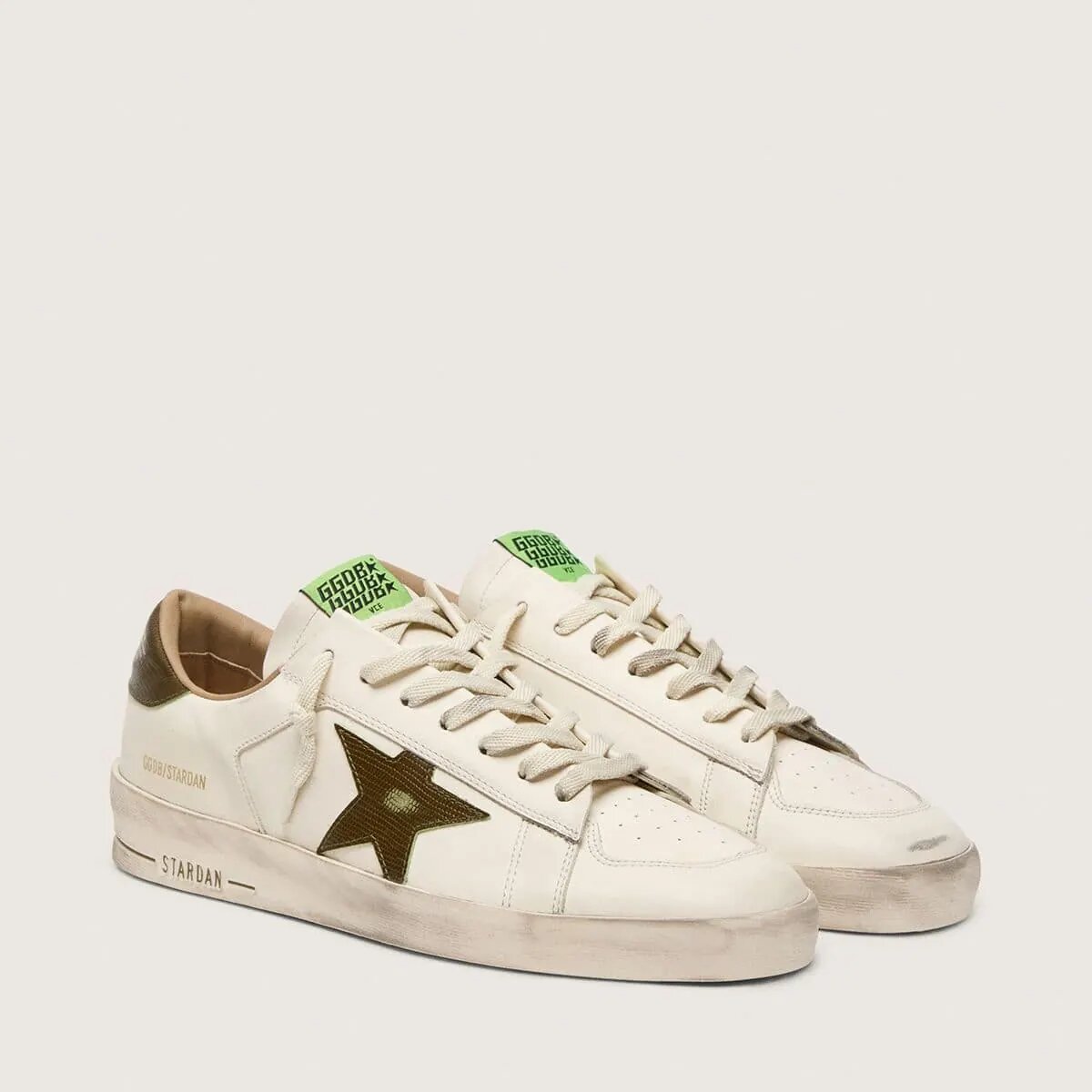 Golden Goose Stardan In White Leather With Military-Green Snake-Print Leather Star And Heel Tab Golden Goose Stardan In White Leather With Military-Green Snake-Print Leather Star And Heel Tab