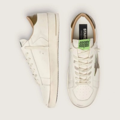Golden Goose Stardan In White Leather With Military-Green Snake-Print Leather Star And Heel Tab Golden Goose Stardan In White Leather With Military-Green Snake-Print Leather Star And Heel Tab