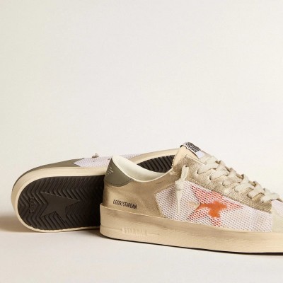 Golden Goose Stardan In White Mesh With Orange Star And Platinum Leather Inserts Golden Goose Stardan In White Mesh With Orange Star And Platinum Leather Inserts