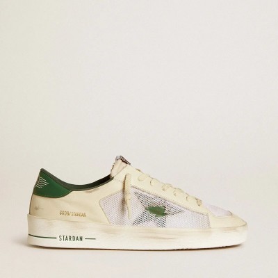 Golden Goose Stardan In White Suede And Mesh With Green Leather Star And Heel Tab Golden Goose Stardan In White Suede And Mesh With Green Leather Star And Heel Tab