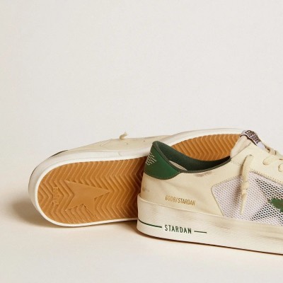 Golden Goose Stardan In White Suede And Mesh With Green Leather Star And Heel Tab Golden Goose Stardan In White Suede And Mesh With Green Leather Star And Heel Tab