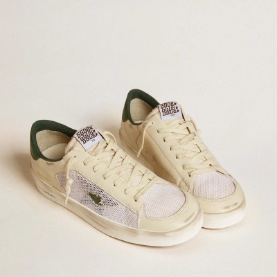 Golden Goose Stardan In White Suede And Mesh With Green Leather Star And Heel Tab Golden Goose Stardan In White Suede And Mesh With Green Leather Star And Heel Tab