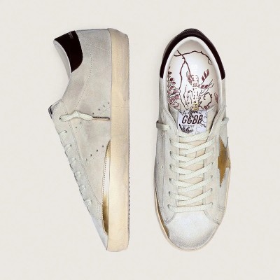 Golden Goose Super-Star Cny In Ivory Suede With Metallic Leather Star And Leather Heel Tab Golden Goose Super-Star Cny In Ivory Suede With Metallic Leather Star And Leather Heel Tab