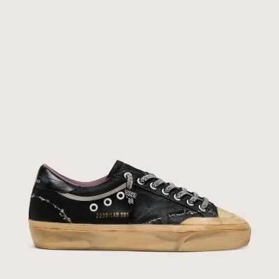 Golden Goose Super-Star Lab In Black Laminated Suede And Nylon With Raised Star And Laces With Crystals Golden Goose Super-Star Lab In Black Laminated Suede And Nylon With Raised Star And Laces With Crystals