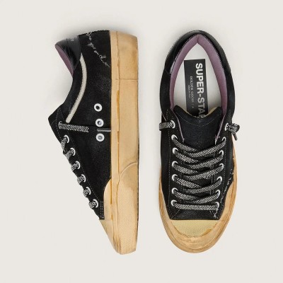 Golden Goose Super-Star Lab In Black Laminated Suede And Nylon With Raised Star And Laces With Crystals Golden Goose Super-Star Lab In Black Laminated Suede And Nylon With Raised Star And Laces With Crystals