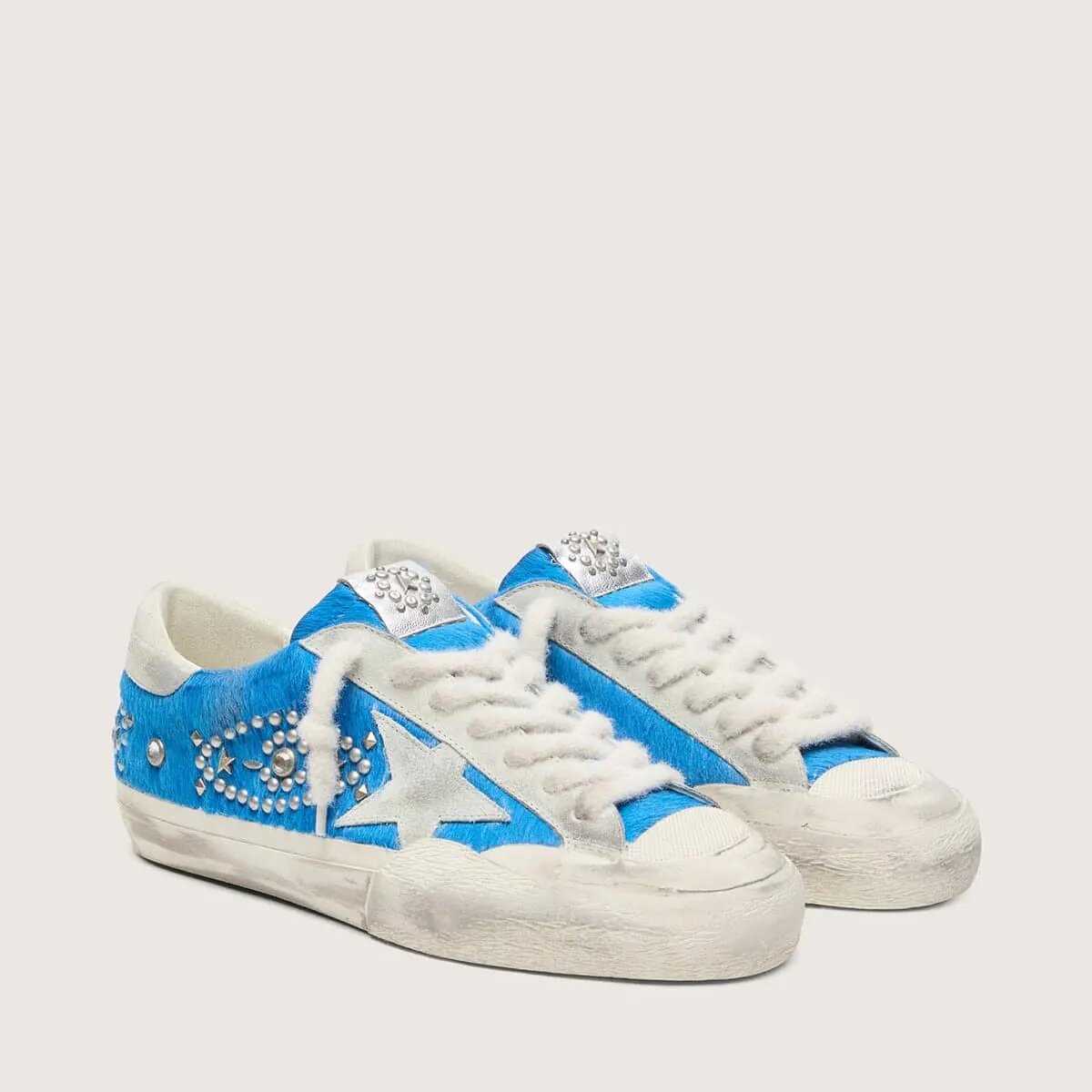 Golden Goose Super-Star Lab In Bright Blue Pony Skin With Suede Star And Studs Golden Goose Super-Star Lab In Bright Blue Pony Skin With Suede Star And Studs