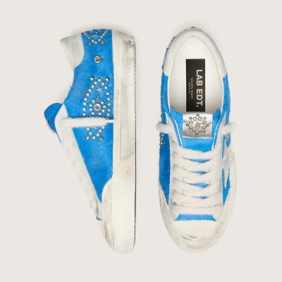 Golden Goose Super-Star Lab In Bright Blue Pony Skin With Suede Star And Studs Golden Goose Super-Star Lab In Bright Blue Pony Skin With Suede Star And Studs