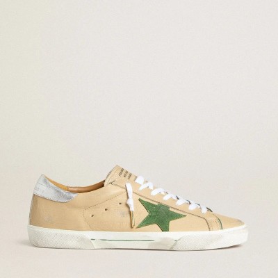 Golden Goose Super-Star Ltd In Beige Leather With Green Suede Star And Silver Foiled Leather Heel Tab Golden Goose Super-Star Ltd In Beige Leather With Green Suede Star And Silver Foiled Leather Heel Tab