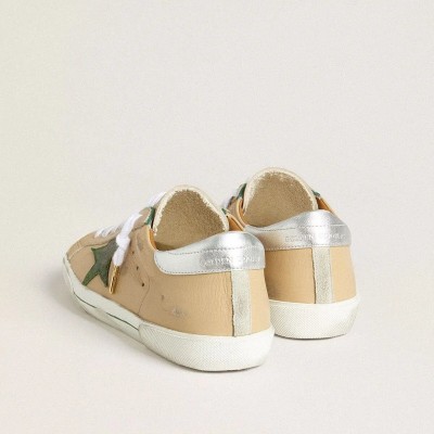 Golden Goose Super-Star Ltd In Beige Leather With Green Suede Star And Silver Foiled Leather Heel Tab Golden Goose Super-Star Ltd In Beige Leather With Green Suede Star And Silver Foiled Leather Heel Tab