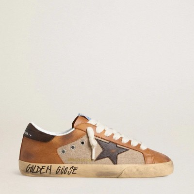 Golden Goose Super-Star Ltd In Beige Wool With Brown Leather Star And Camel Inserts Golden Goose Super-Star Ltd In Beige Wool With Brown Leather Star And Camel Inserts