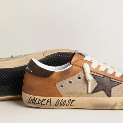 Golden Goose Super-Star Ltd In Beige Wool With Brown Leather Star And Camel Inserts Golden Goose Super-Star Ltd In Beige Wool With Brown Leather Star And Camel Inserts