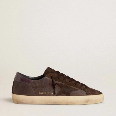 Golden Goose Super-Star Ltd In Brown Nubuck With Suede Star And Purple Leather Heel Tab Golden Goose Super-Star Ltd In Brown Nubuck With Suede Star And Purple Leather Heel Tab