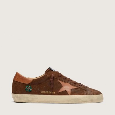 Golden Goose Super-Star Ltd In Brown Suede With Brick-Red Leather Star And Embroidery With Green Beads Golden Goose Super-Star Ltd In Brown Suede With Brick-Red Leather Star And Embroidery With Green Beads