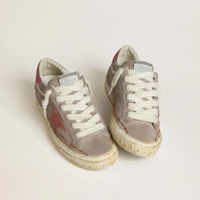 Golden Goose Super-Star Ltd In Gray Suede With Red Waxed Suede Star And Heel Tab Golden Goose Super-Star Ltd In Gray Suede With Red Waxed Suede Star And Heel Tab