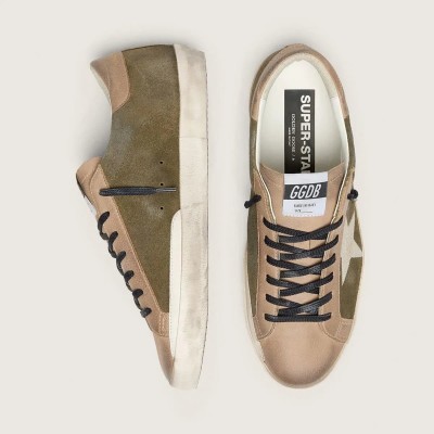 Golden Goose Super-Star Ltd In Olive-Green Suede With Cream Embroidered Star Golden Goose Super-Star Ltd In Olive-Green Suede With Cream Embroidered Star