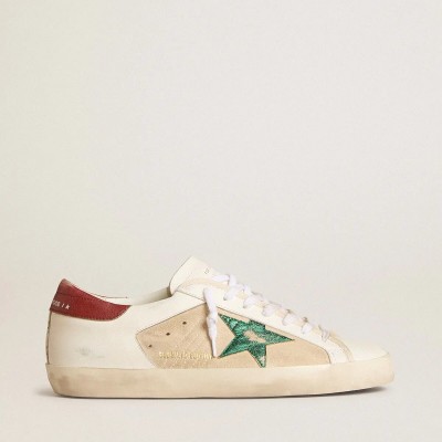 Golden Goose Super-Star Ltd In Suede With Green Metallic Star And Red Heel Tab Golden Goose Super-Star Ltd In Suede With Green Metallic Star And Red Heel Tab