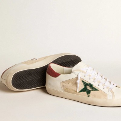Golden Goose Super-Star Ltd In Suede With Green Metallic Star And Red Heel Tab Golden Goose Super-Star Ltd In Suede With Green Metallic Star And Red Heel Tab
