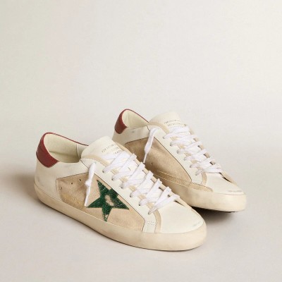 Golden Goose Super-Star Ltd In Suede With Green Metallic Star And Red Heel Tab Golden Goose Super-Star Ltd In Suede With Green Metallic Star And Red Heel Tab