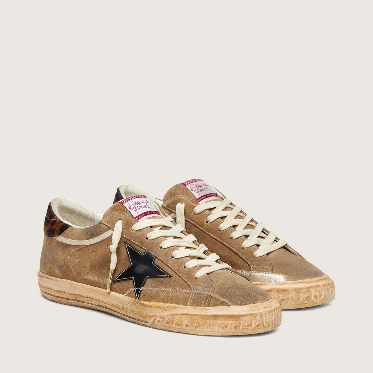 Golden Goose Super-Star Ltd In Tobacco Suede With Black Star And Animal-Print Heel Golden Goose Super-Star Ltd In Tobacco Suede With Black Star And Animal-Print Heel
