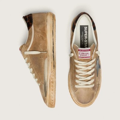 Golden Goose Super-Star Ltd In Tobacco Suede With Black Star And Animal-Print Heel Golden Goose Super-Star Ltd In Tobacco Suede With Black Star And Animal-Print Heel